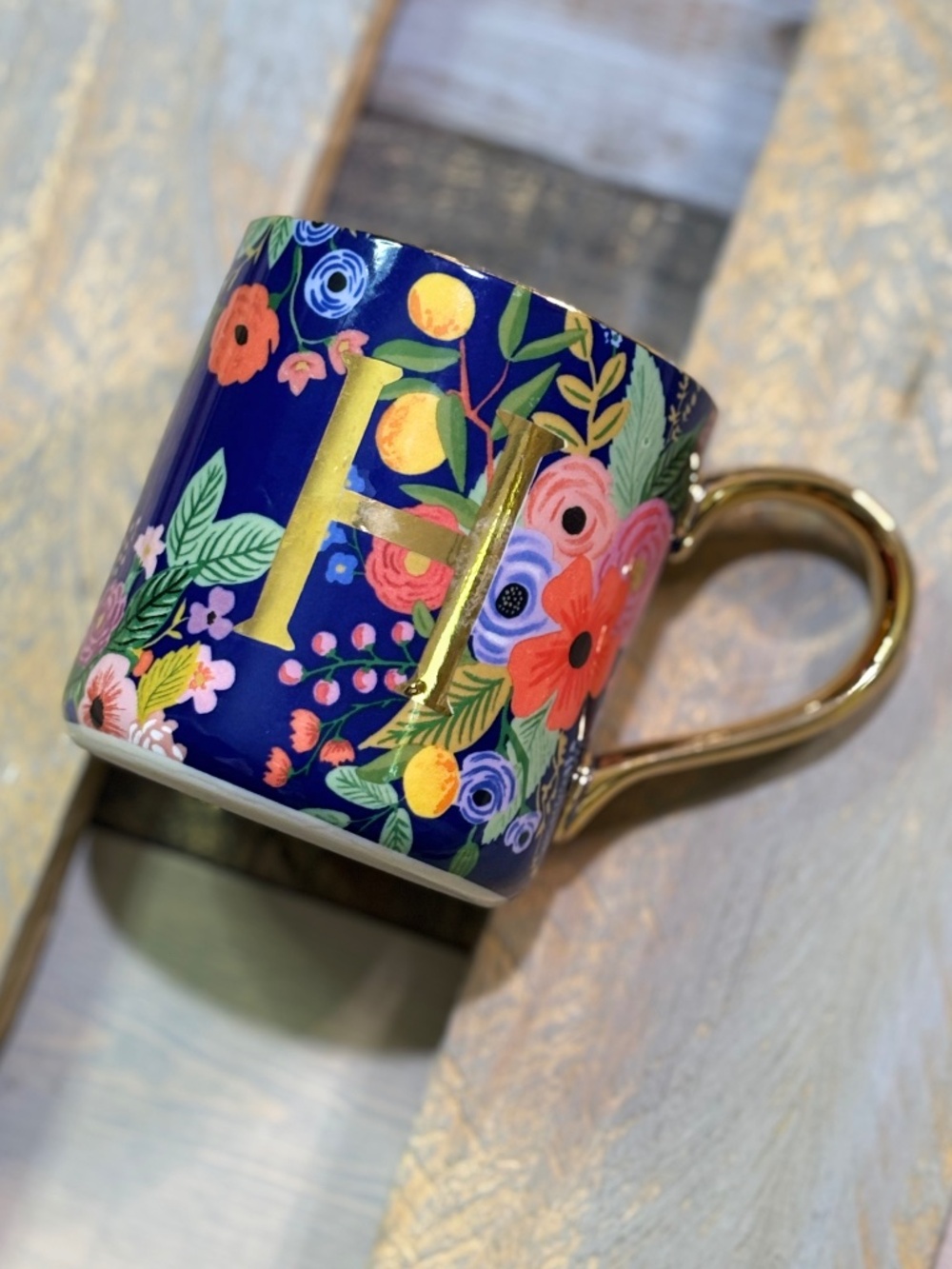 EUC {Rifle Paper Co · Anthro} Blue Floral + Gold Garden Coffee Mug | Initial H